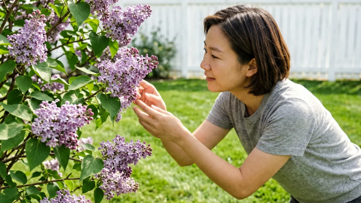 花友在庭院中近距离观察五月丁香花枝条的场景，手指轻触花穗，背景是绿色草坪和白色木栅栏