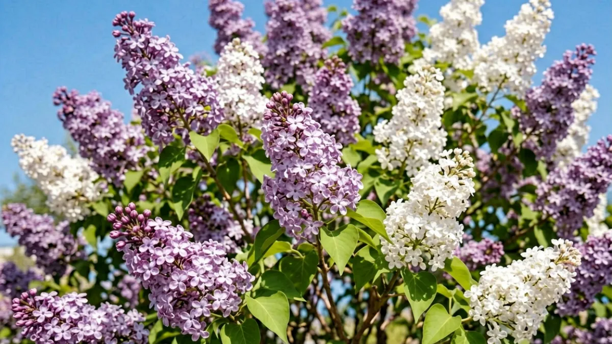 五月丁香花盛花期全景，紫色与白色花串密集挂满枝头，背景是蓝天与嫩绿叶片