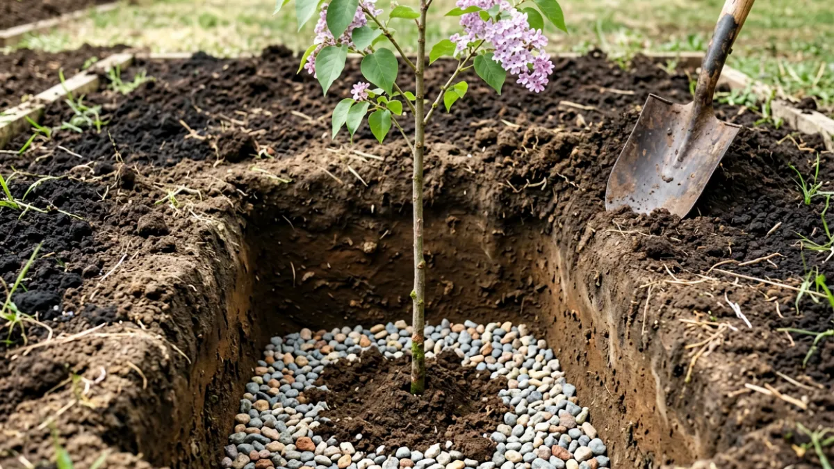 五月丁香花种植穴挖掘现场，展示土壤分层改良结构与根球放置位置