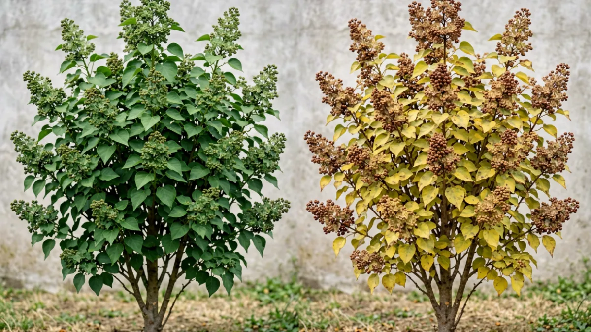 五月丁香花植株对比图，左侧为正确花后修剪后的健壮株，右侧为未修剪导致结果累累的弱株