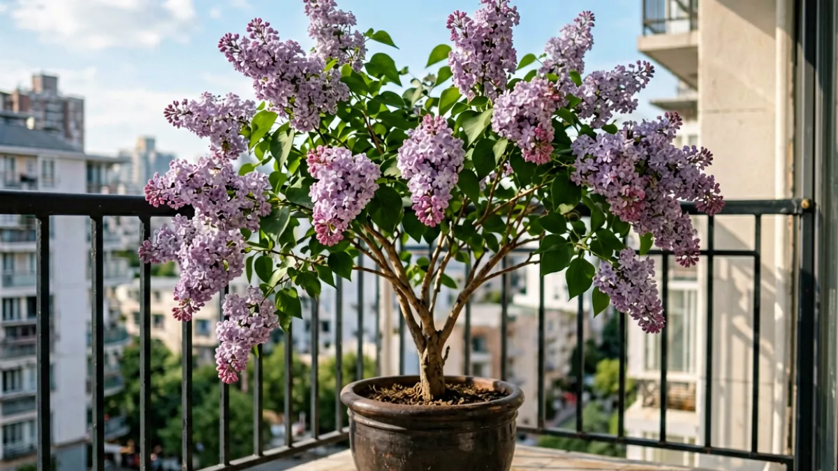 五月丁香花盆栽种植效果，大型陶盆中的紫丁香盛花，摆放在阳台栏杆旁
