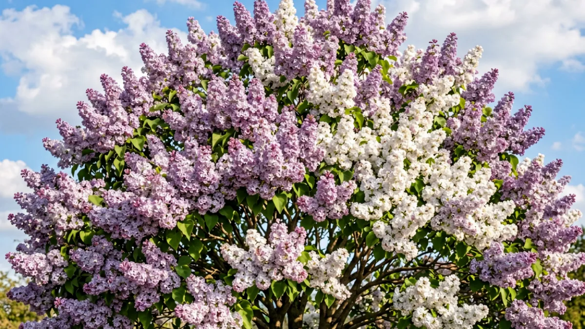 五月丁香花盛开时满枝紫白花穗铺满视野，背景是晴朗蓝天，花香仿佛透过画面传来
