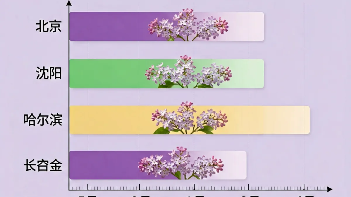 从南到北四个城市的五月丁香花花期对比示意图，用彩色横条直观呈现各地开花时间差异