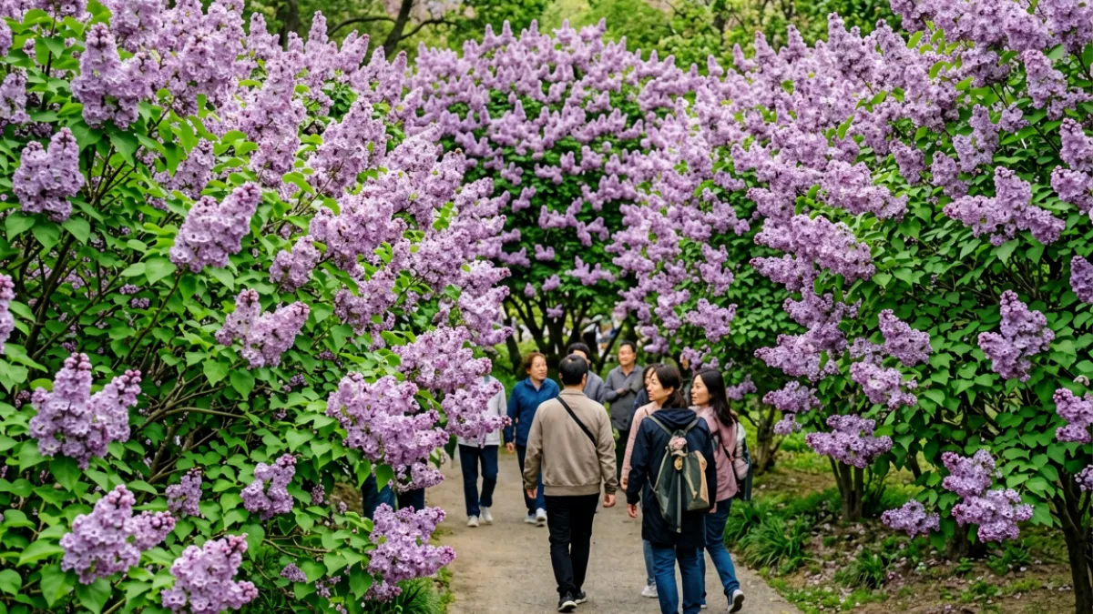 五月丁香花盛开时的园林景象，大片紫色花穗连片绽放，游人驻足观赏