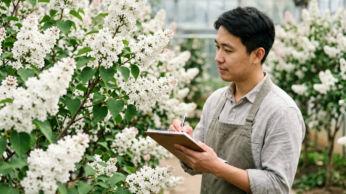 白色系五月丁香花新品种皎月，花穗洁白密集，园艺师在旁记录数据
