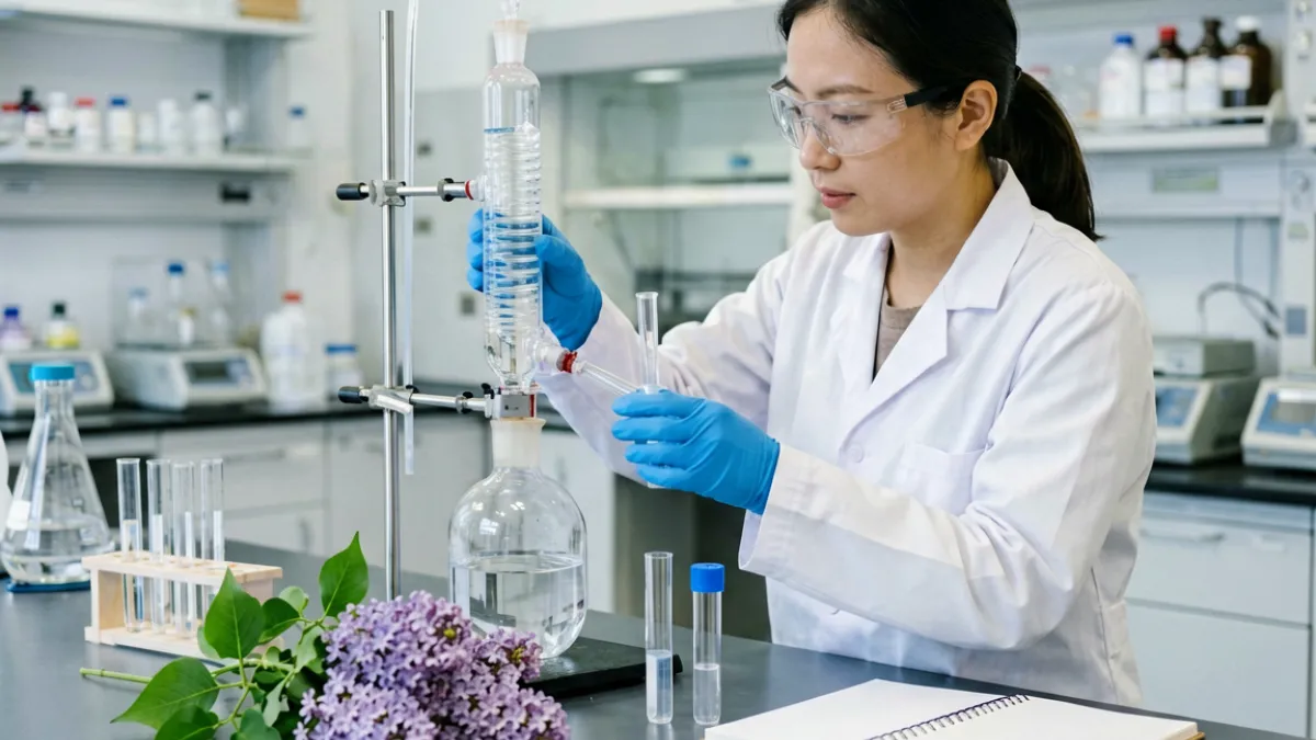 实验室研究人员正在提取五月丁香花香气成分，桌上摆放新鲜紫色丁香花穗