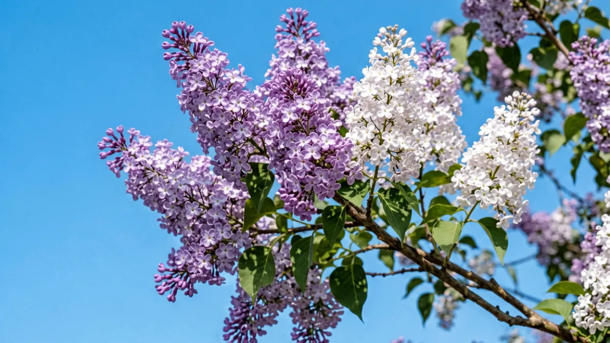五月丁香花盛开时枝头挂满紫白色小花穗，背景是明亮的春日蓝天
