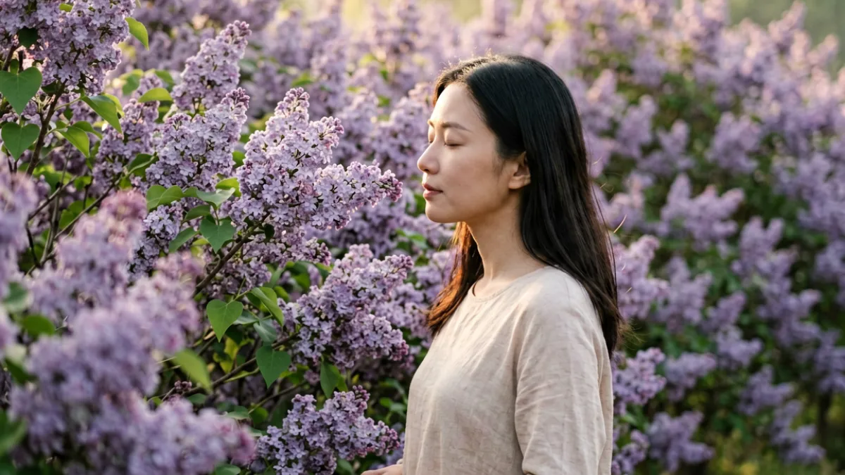 五月丁香花香气弥漫的早晨，一名女性在花丛旁深呼吸感受花香的场景