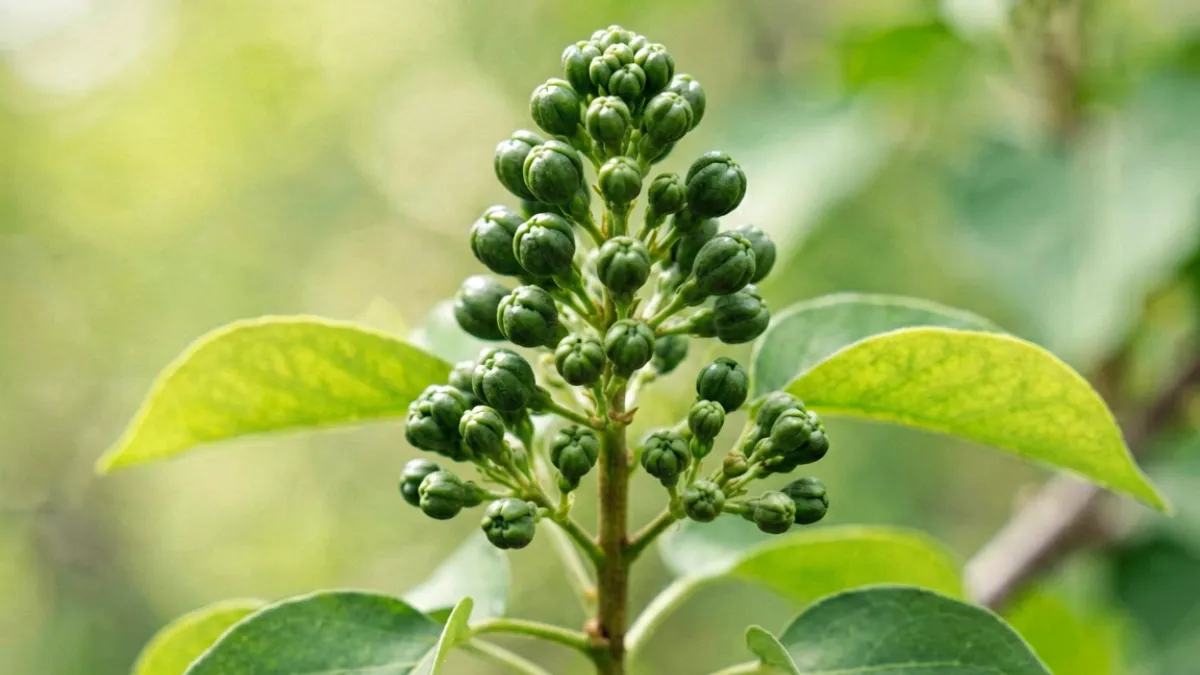 五月丁香花花苞膨大期，枝头密布深绿色圆润小苞，整株呈现蓬勃生长的初夏状态