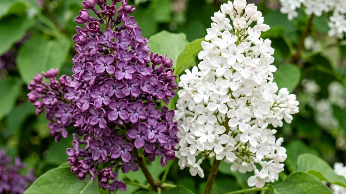 五月丁香花紫丁香与白丁香并排盛开的对比画面，左侧深紫花穗右侧雪白花穗，清晰展示两种品种的颜色差异